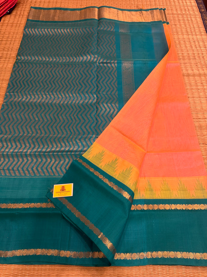 Peachish Pink with Turquoise Blue, One Side Rettapet Temple Border , Rich Pallu Korvai Silk Cotton Saree