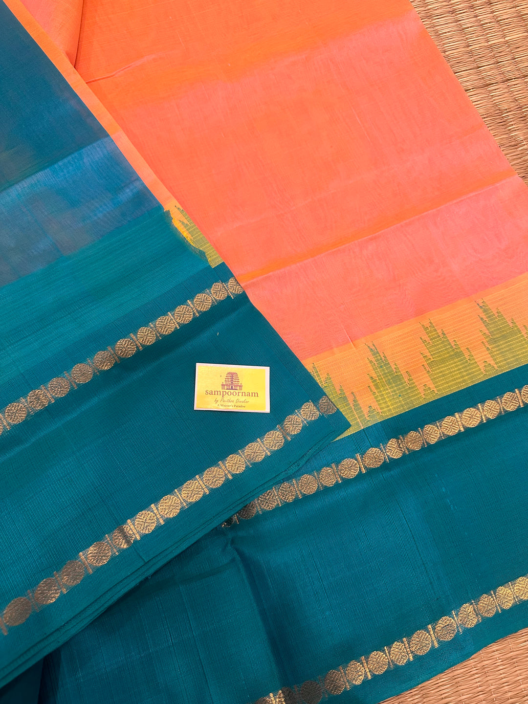 Peachish Pink with Turquoise Blue, One Side Rettapet Temple Border , Rich Pallu Korvai Silk Cotton Saree