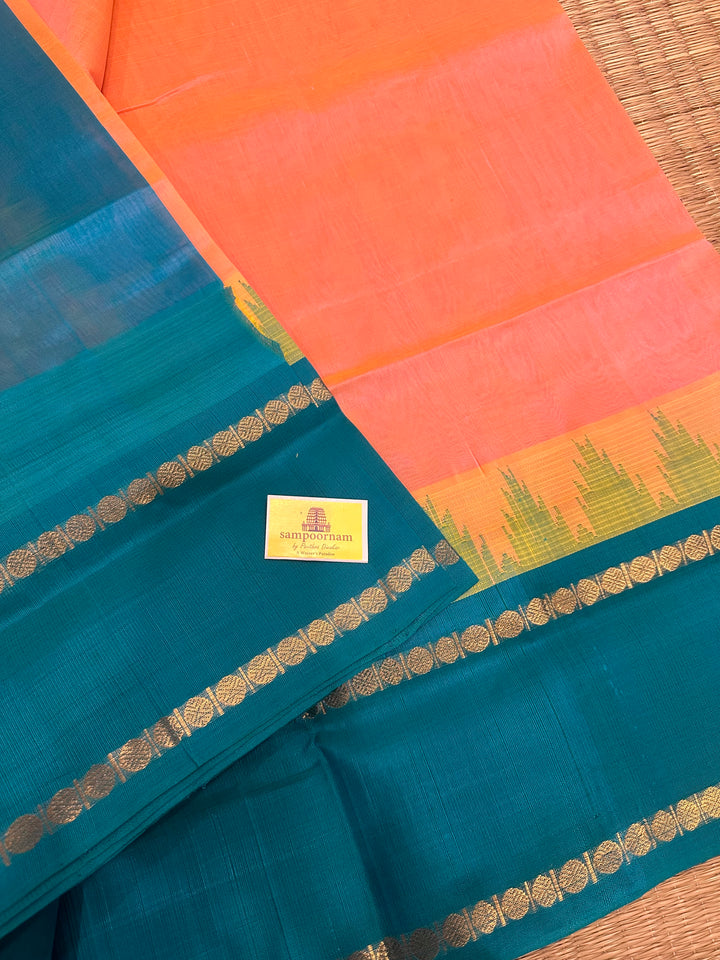 Peachish Pink with Turquoise Blue, One Side Rettapet Temple Border , Rich Pallu Korvai Silk Cotton Saree