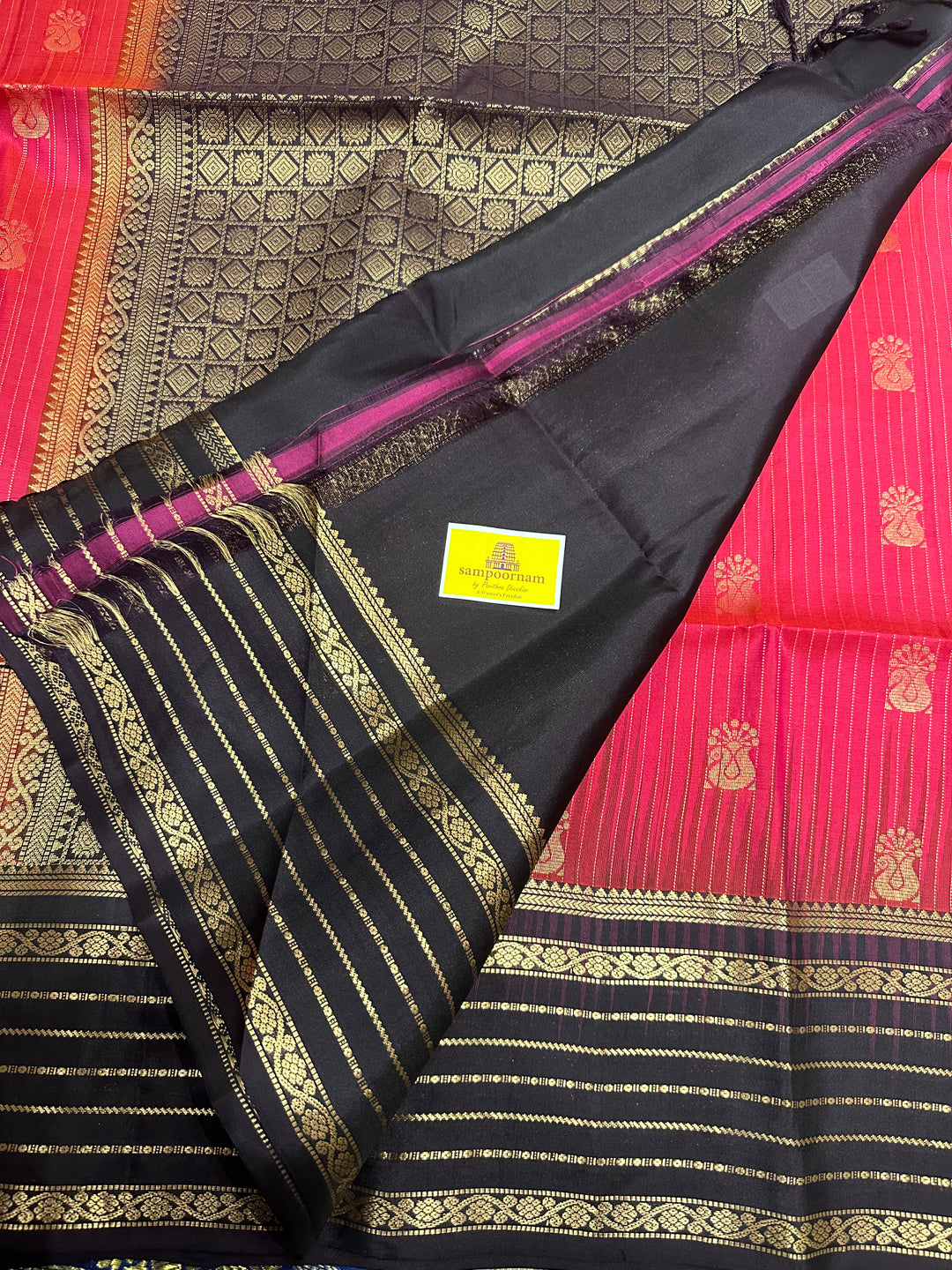 Pinkish Red  with Dark Coffee Brown, Rettapet Border- Zari Motif and Zari Lines on the body , Rich Pallu  Pure Soft Silk Saree