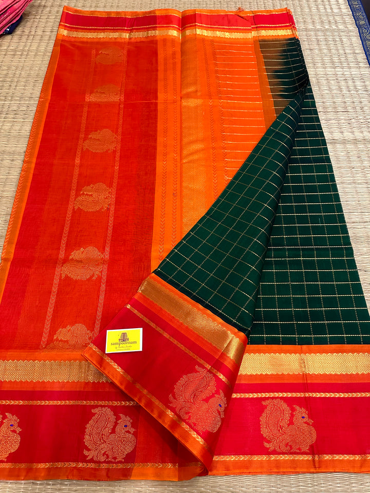 Green with Orange, Body Zari Kattam , with Annam Motifs in the Border and Rich Pallu Korvai Silk Cotton Saree