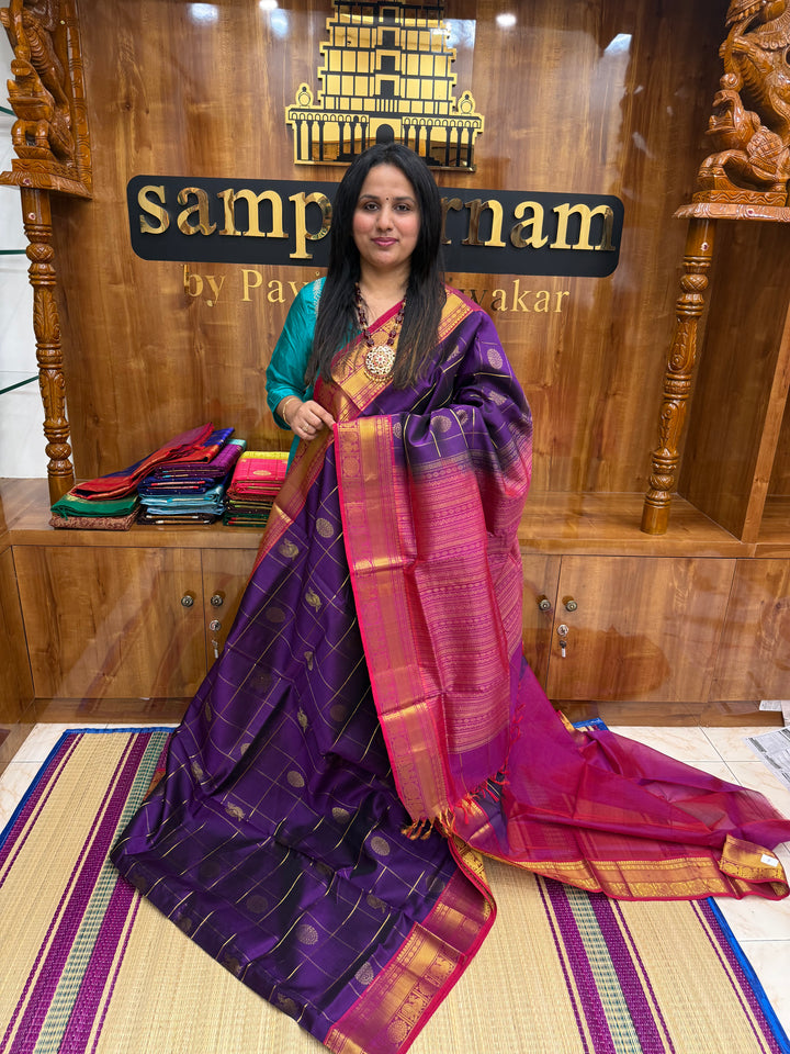 Purple with Pink Mayil and Chakram Butta in the Body, Traditional Borders and Rich Pallu Mayil Chakram Silk Cotton Saree