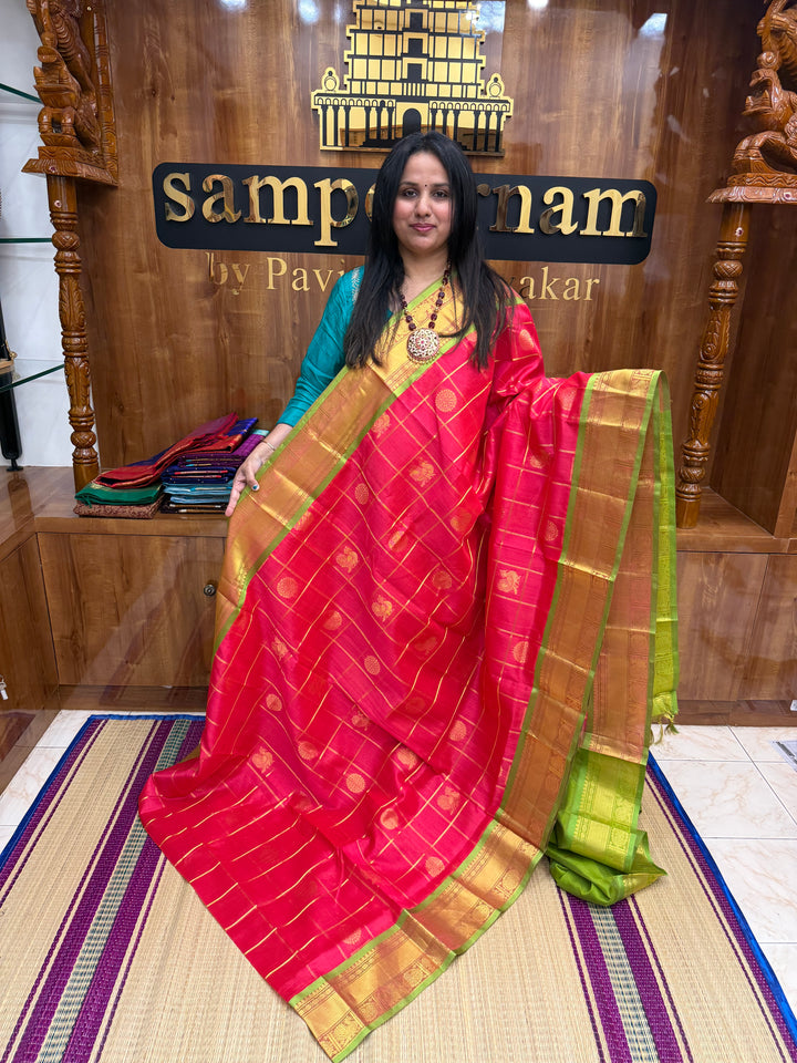 Pinkish Red with Lemon Green , Mayil and Chakram Butta in the Body, Traditional Borders and Rich Pallu Mayil Chakram Silk Cotton Saree