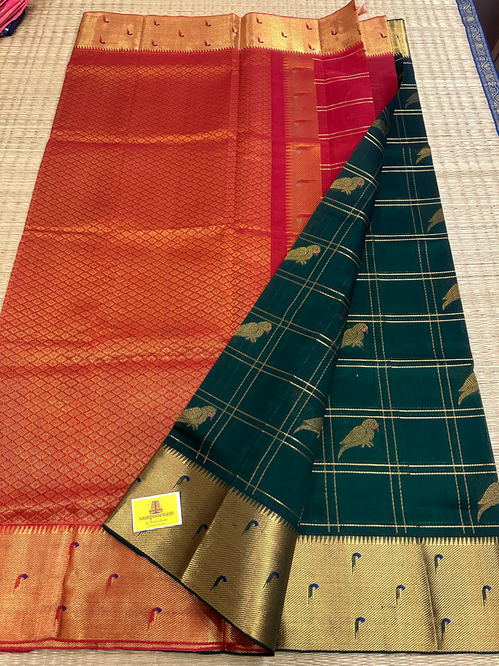 Dark Green with Red, Paithani Borders, Zari Checks in the Body with Parrot Zari Motifs, Rich Pallu Silk Cotton Saree