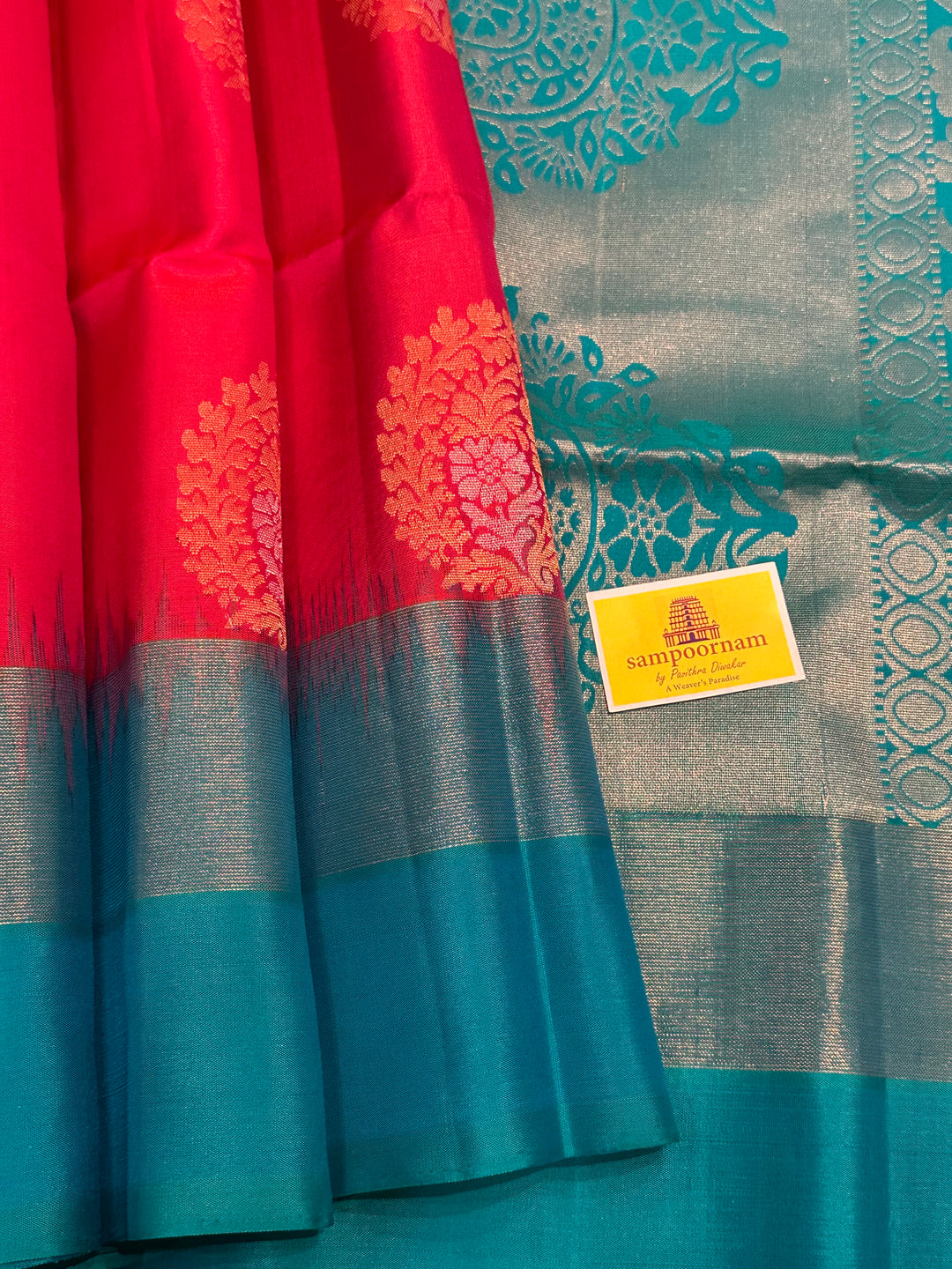 Pinkish red with Mango Zari Motif and Turquoise Blue Rich Pallu Pure Soft Silk Saree