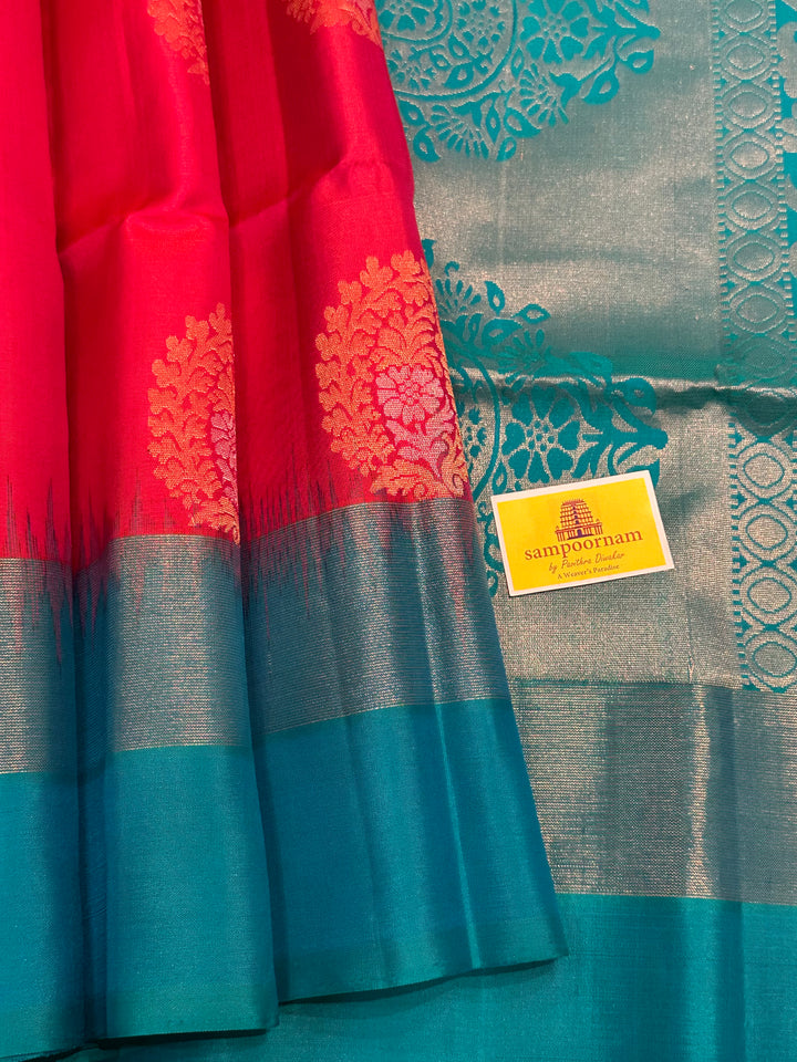 Pinkish red with Mango Zari Motif and Turquoise Blue Rich Pallu Pure Soft Silk Saree