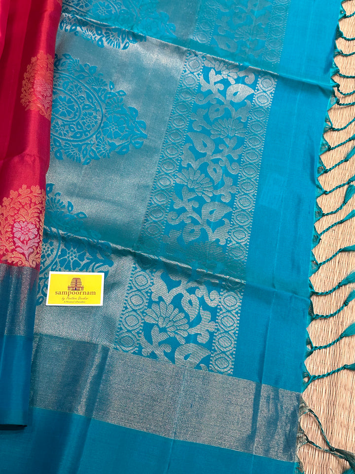 Pinkish red with Mango Zari Motif and Turquoise Blue Rich Pallu Pure Soft Silk Saree