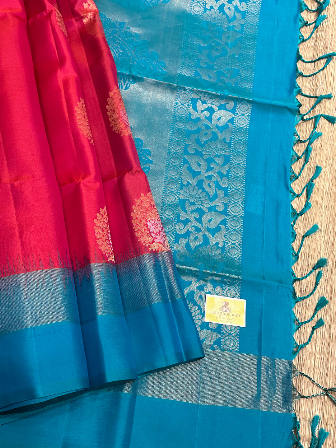 Pinkish red with Mango Zari Motif and Turquoise Blue Rich Pallu Pure Soft Silk Saree