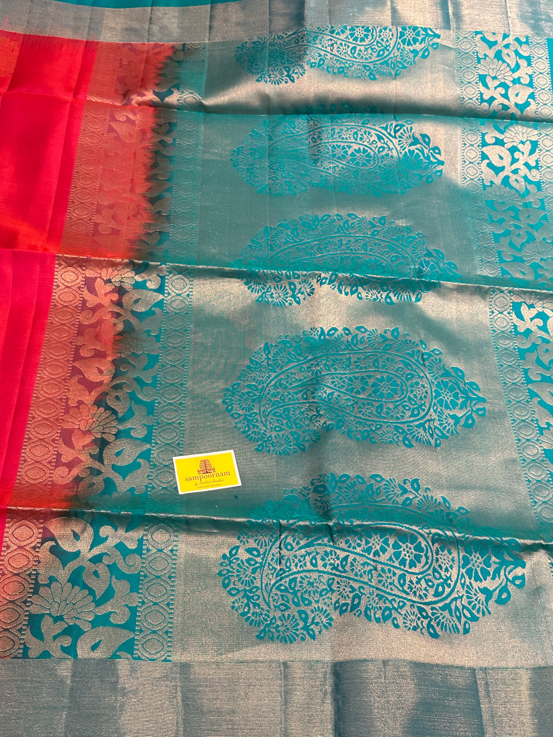 Pinkish red with Mango Zari Motif and Turquoise Blue Rich Pallu Pure Soft Silk Saree