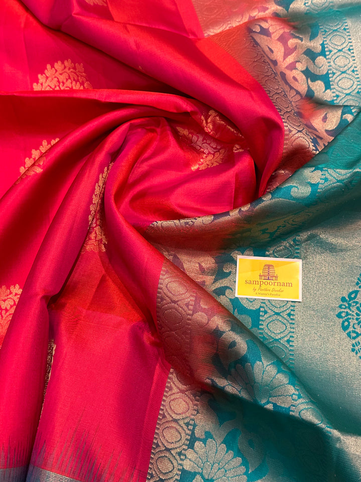 Pinkish red with Mango Zari Motif and Turquoise Blue Rich Pallu Pure Soft Silk Saree