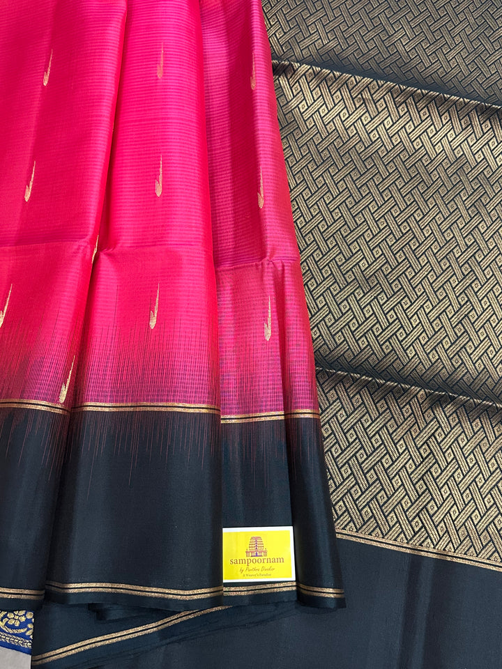 Magenta with Dark Green Rain Drop Zari Butta and Rich Pallu Soft Silk Saree