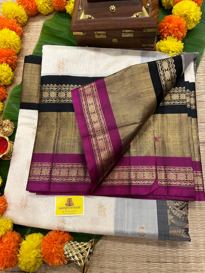 White with Black Triple Border Rich Pallu , Body Zari Butta Korvai Silk Cotton Saree