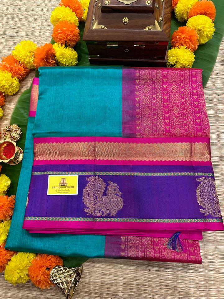 Ramar Blue with Pink Zari Border with Annam Motif and Rich Pallu Korvai Silk Cotton Saree