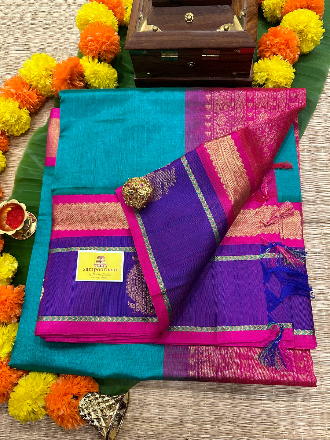 Ramar Blue with Pink Zari Border with Annam Motif and Rich Pallu Korvai Silk Cotton Saree