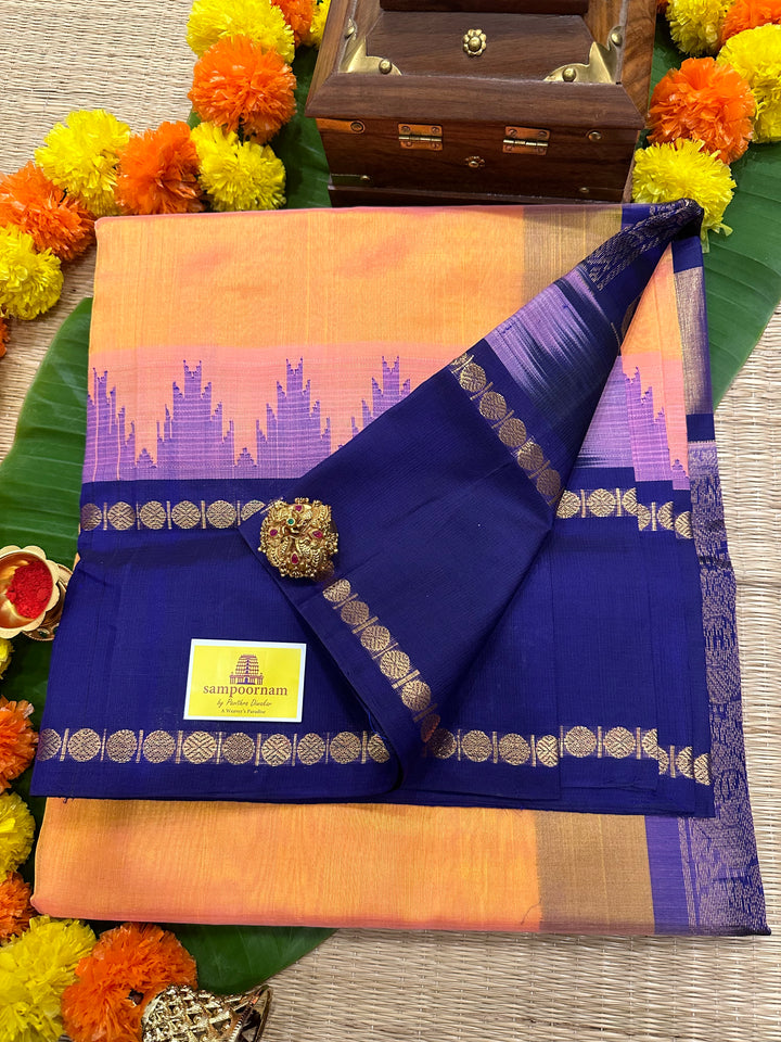 Peachish Pink With Blue One Side Big Rettapet Rudraksh Border , Rich Pallu Korvai Silk