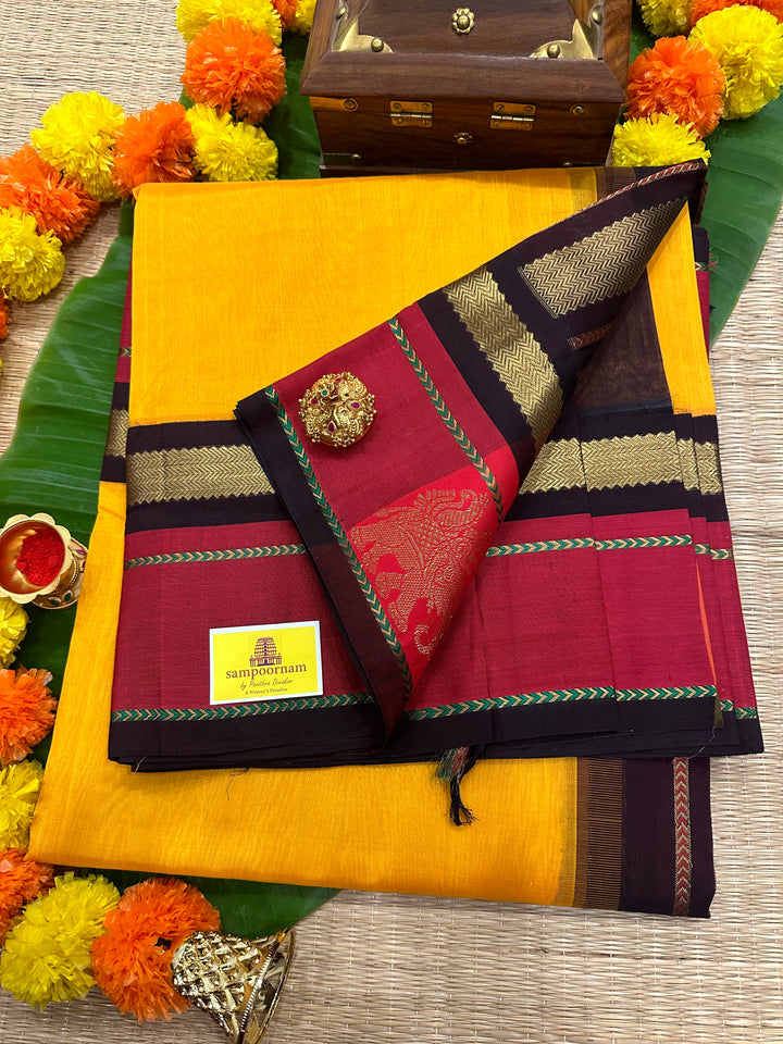 Mambazha Manjal with Brown with Elephant Motif in The Border and Rich Pallu Korvai Silk Cotton Saree