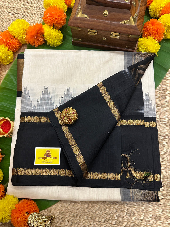 Offwhite with Black One Side Temple Rettapet Border Korvai Silk Cotton Saree