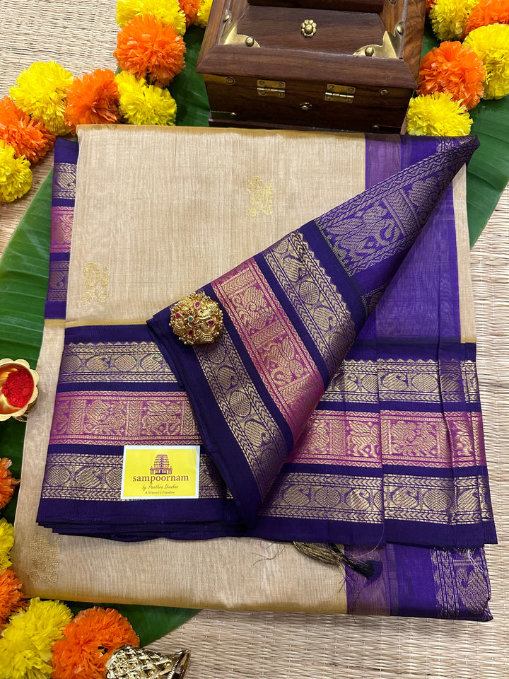 Ven Pattu With Blue Triple Kanchi Border, Rich Zari Butta Korvai Silk Cotton Saree