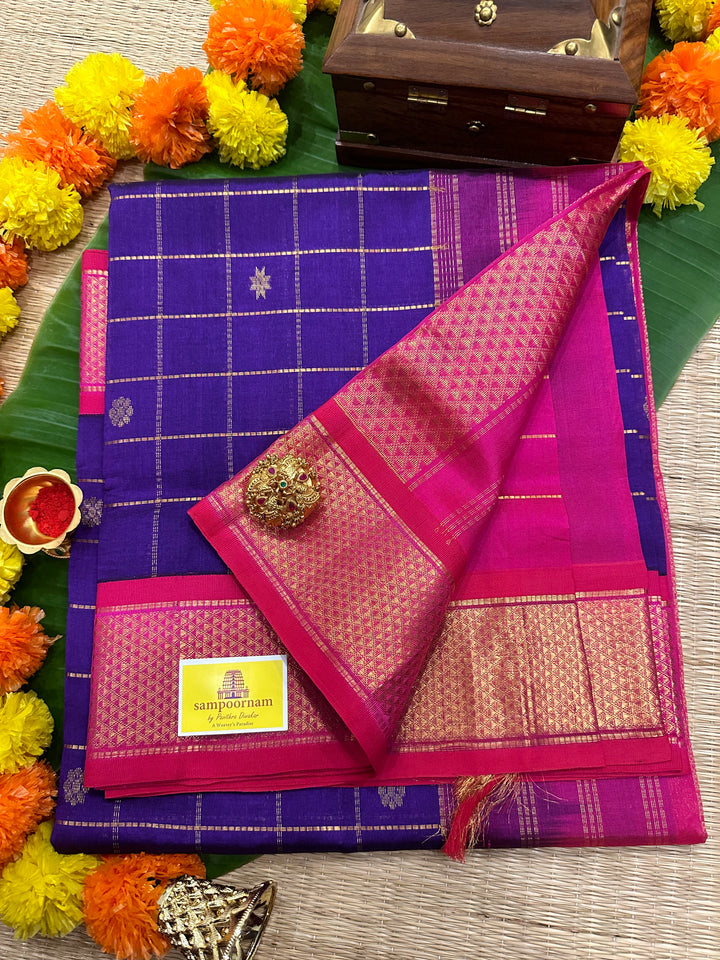 Purple with Pink Body Zari Kattam Butta, Rich Pallu Korvai Silk Cotton Saree