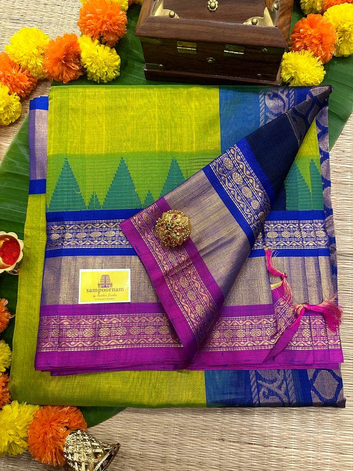 Sneha Green Triple One Side Big Border Rich Pallu Korvai Silk Cotton Saree