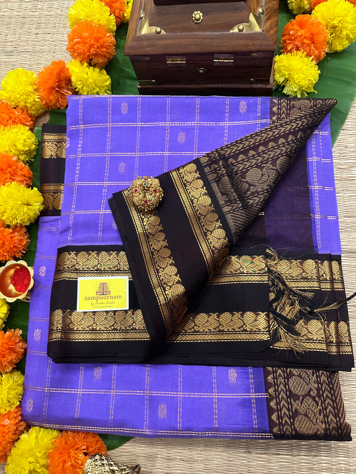 Lavender with Brown Zari Body Checks with Butta, Rich Pallu Korvai Silk Cotton Saree