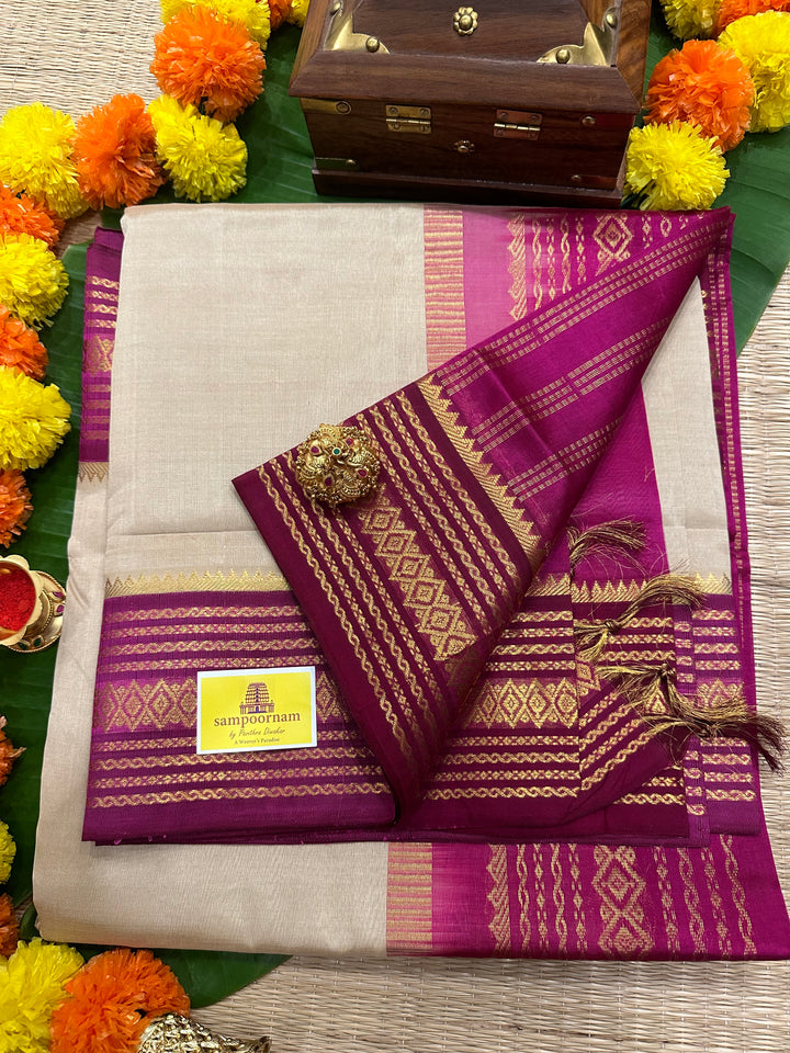 Cream with Dark Magenta Rich Pallu Korvai Silk Cotton Saree