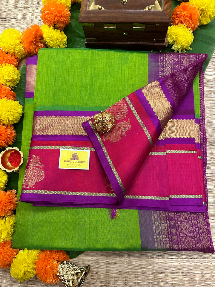 Parrot Green with Purple Rich Border Annam Zari Butta and Rich Pallu Korvai Silk Cotton Saree