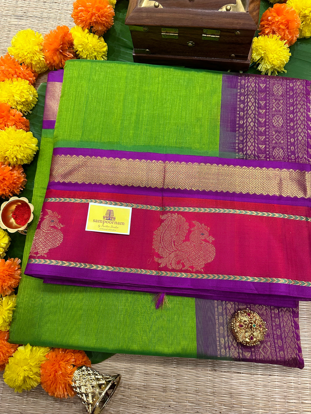 Parrot Green with Purple Rich Border Annam Zari Butta and Rich Pallu Korvai Silk Cotton Saree