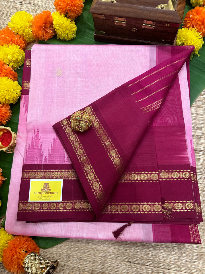 Onion pink with Araku Rettapet Rudraksh Border, Rich Pallu Body Zari Butta, Korvai Silk Cotton Saree