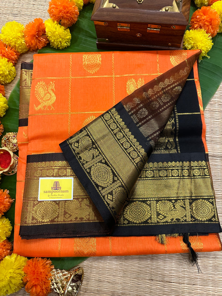 Fanta Orange With Black Mayil Chakram Silk Cotton Saree