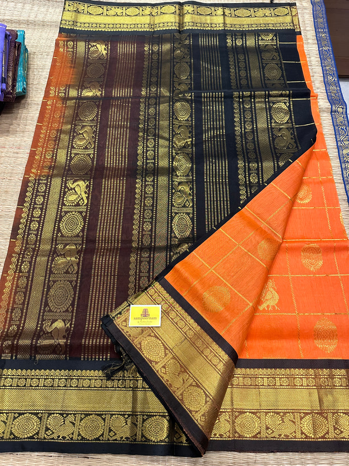 Fanta Orange With Black Mayil Chakram Silk Cotton Saree