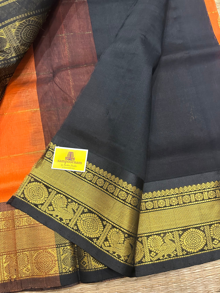 Fanta Orange With Black Mayil Chakram Silk Cotton Saree