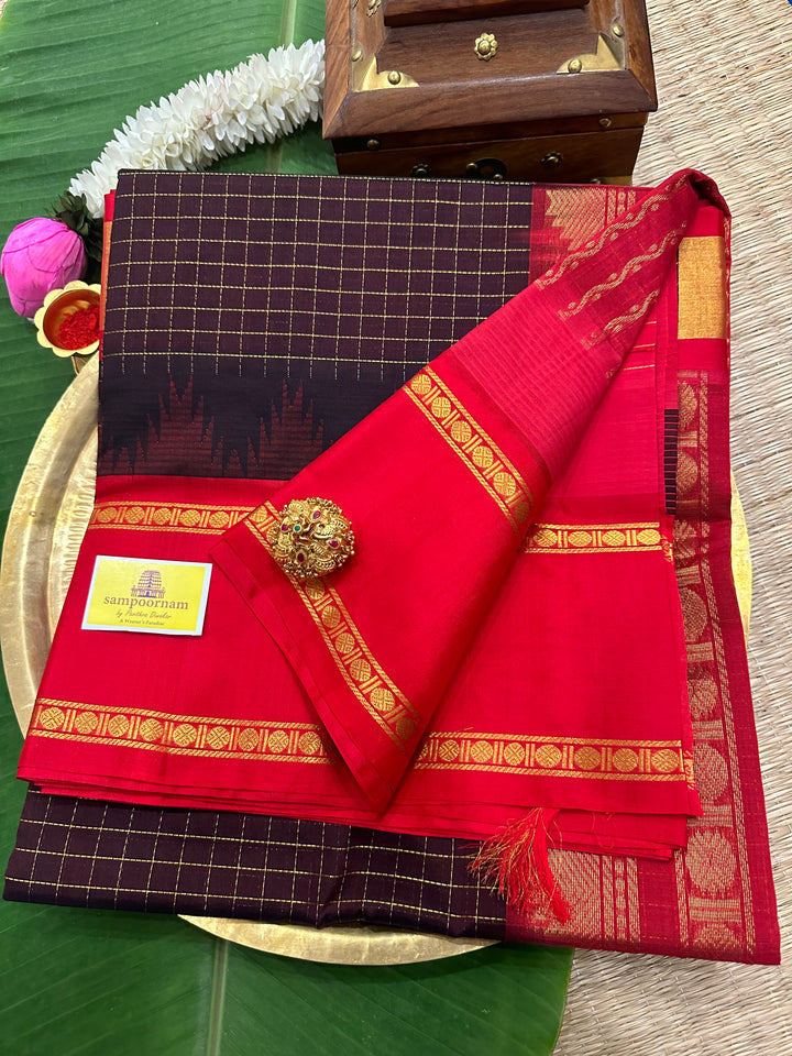 Brown with Red Body Checks Temple Border Korvai Silk Cotton Saree