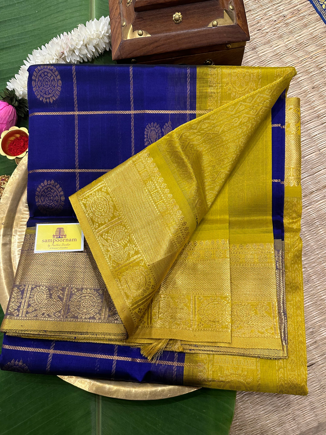 Blue with Lemon Yellow Mayil Chakram Silk Cotton Saree