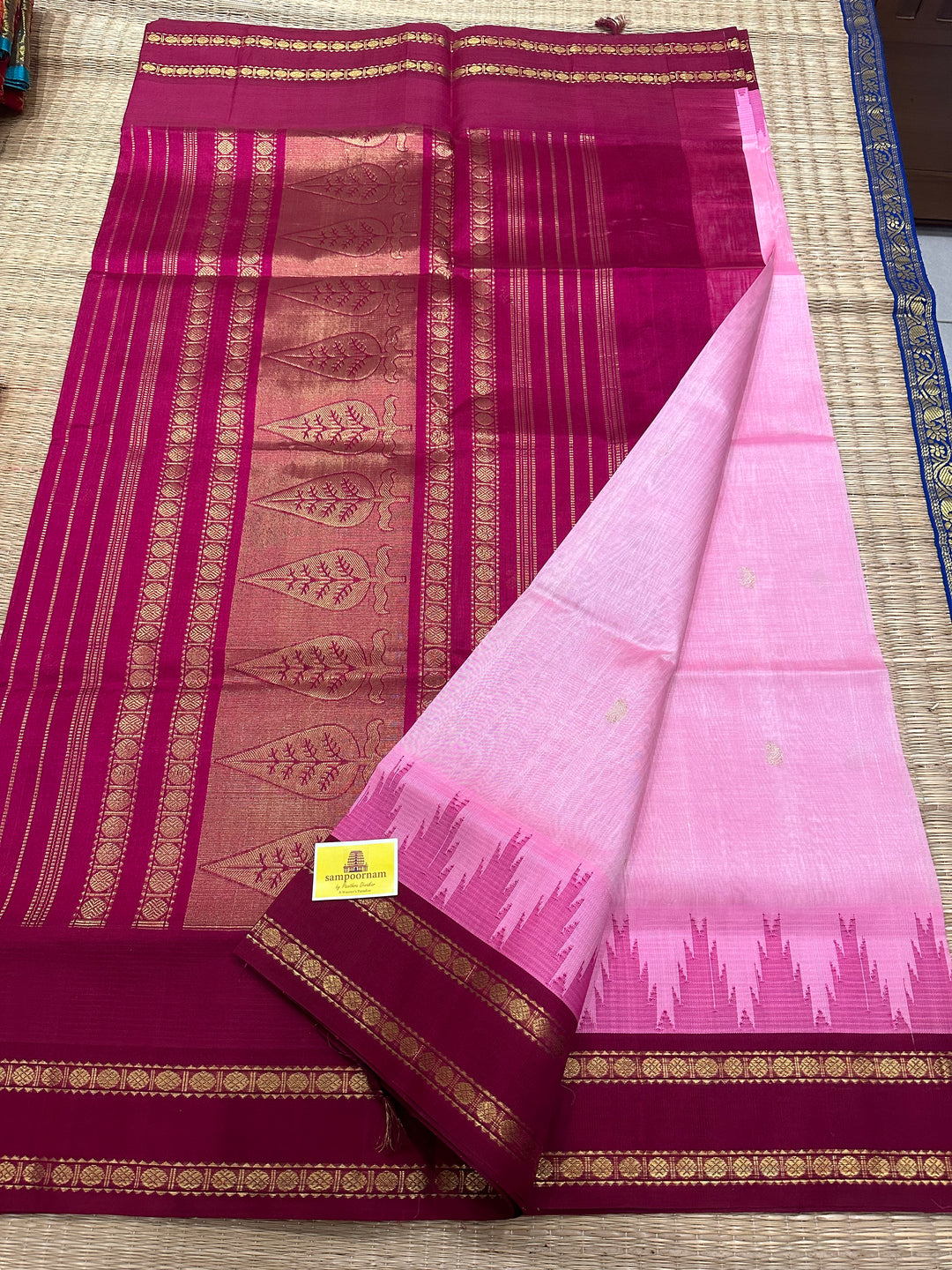 Onion pink with Araku Rettapet Rudraksh Border, Rich Pallu Body Zari Butta, Korvai Silk Cotton Saree