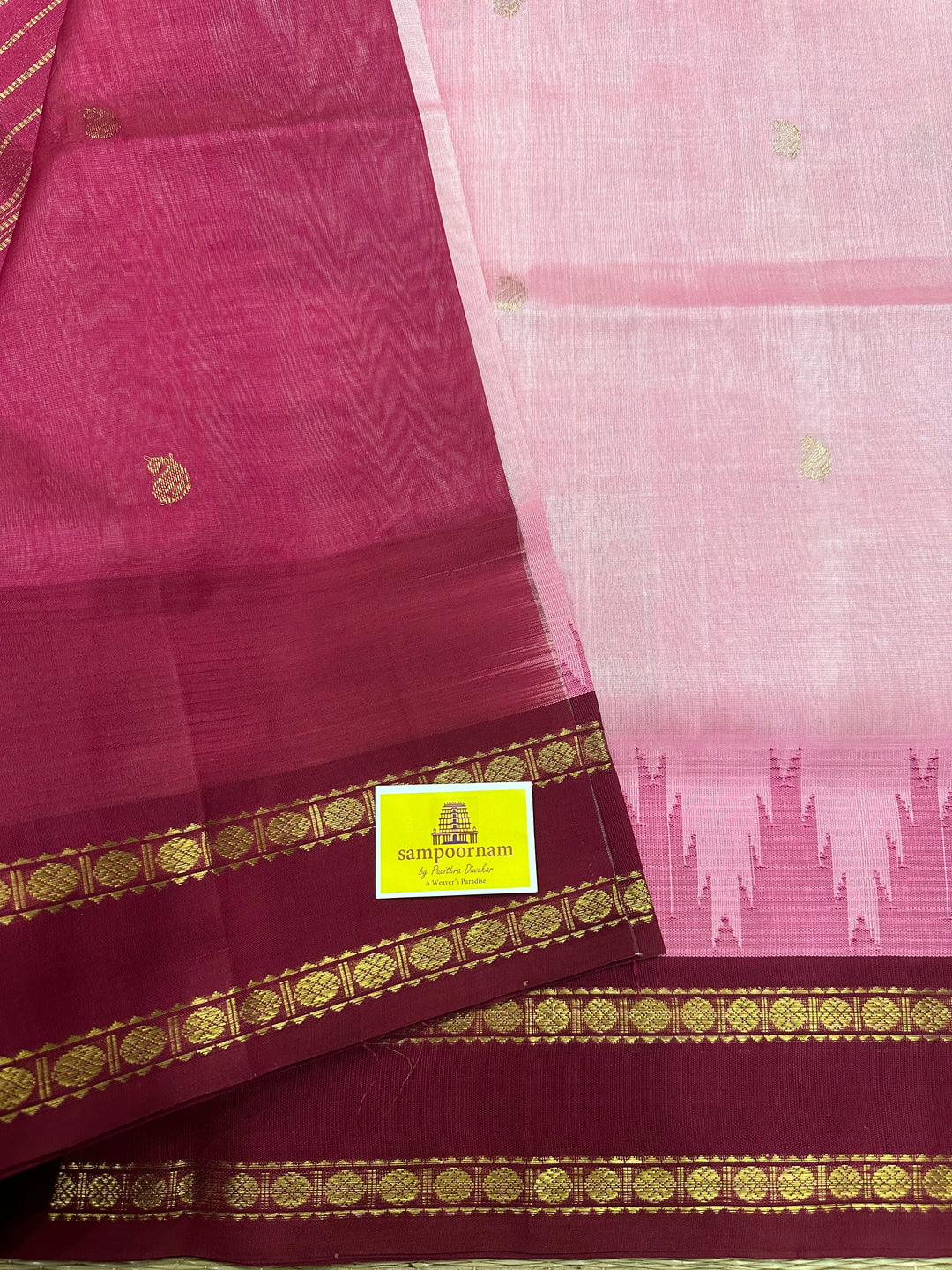 Onion pink with Araku Rettapet Rudraksh Border, Rich Pallu Body Zari Butta, Korvai Silk Cotton Saree