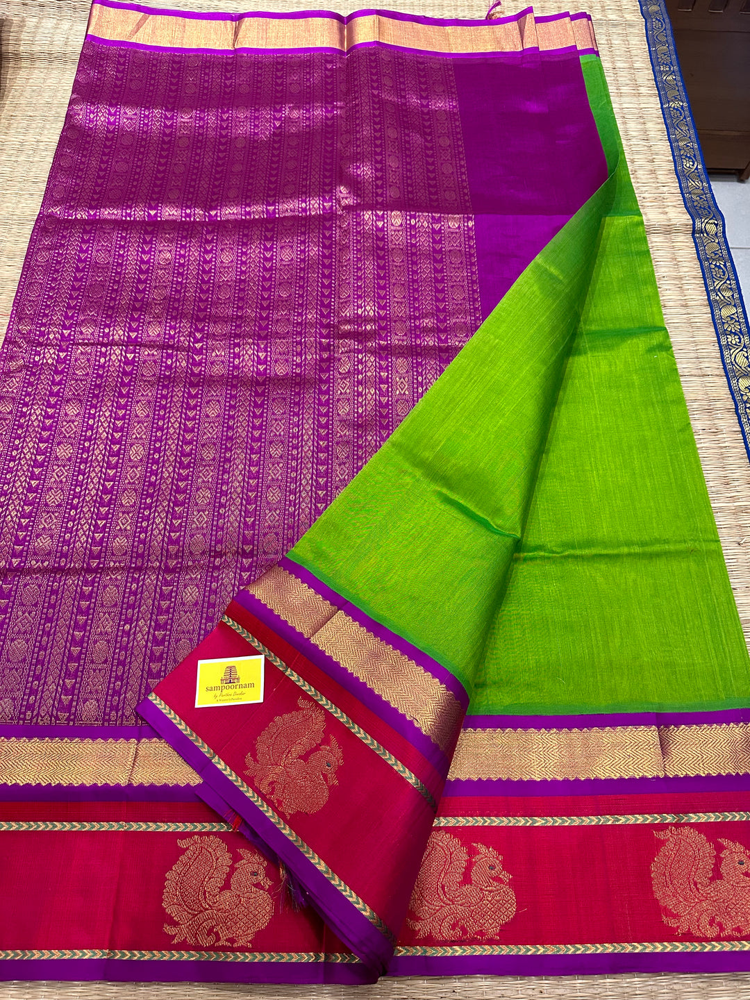 Parrot Green with Purple Rich Border Annam Zari Butta and Rich Pallu Korvai Silk Cotton Saree