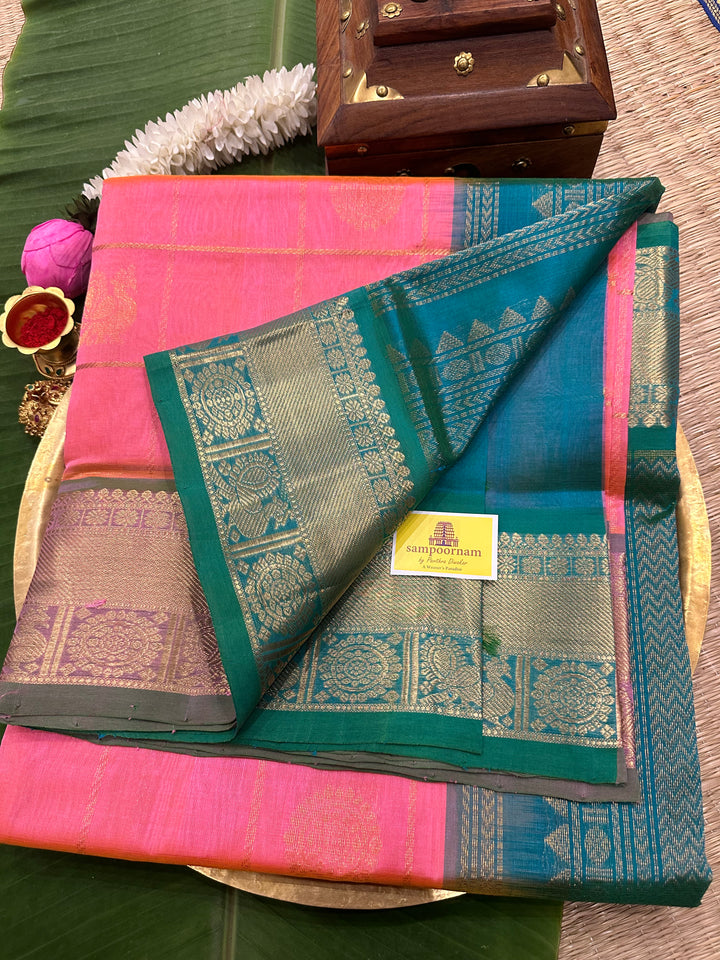 Baby Pink with Sea Green Mayil Chakram Silk Cotton Saree