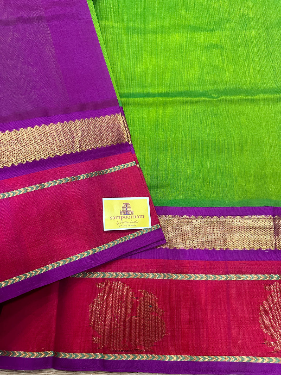 Parrot Green with Purple Rich Border Annam Zari Butta and Rich Pallu Korvai Silk Cotton Saree