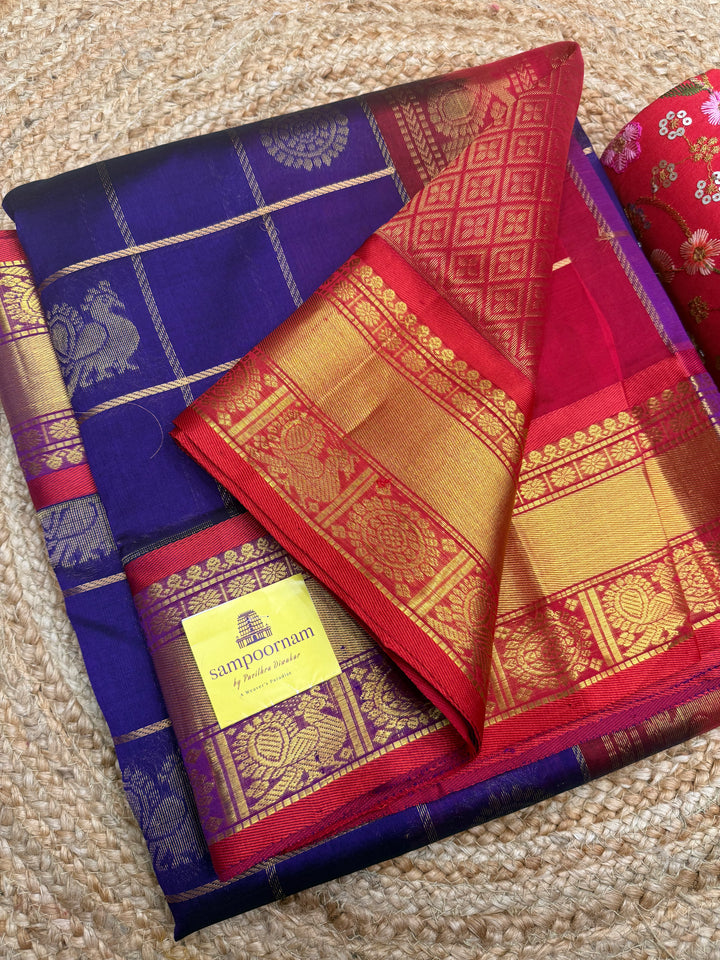 Dark Blue with Red , Mayil and Chakram Butta in the Body, Traditional Borders and Rich Pallu Mayil Chakram Silk Cotton Saree