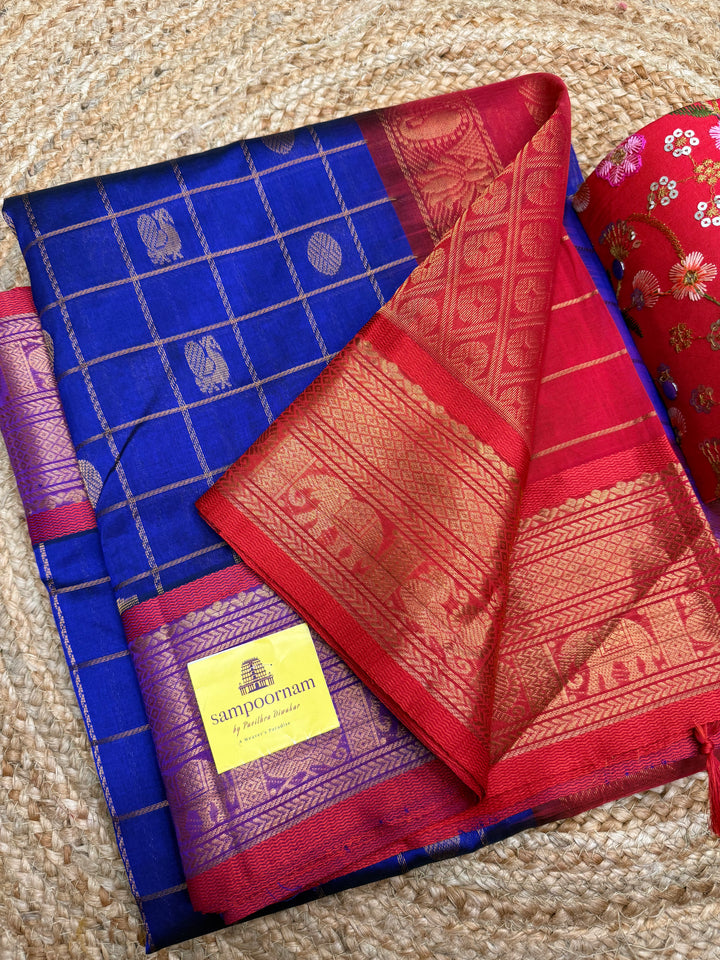 Blue with Red , Mayil and Chakram Butta in the Body, Traditional Borders and Rich Pallu Mayil Chakram Silk Cotton Saree