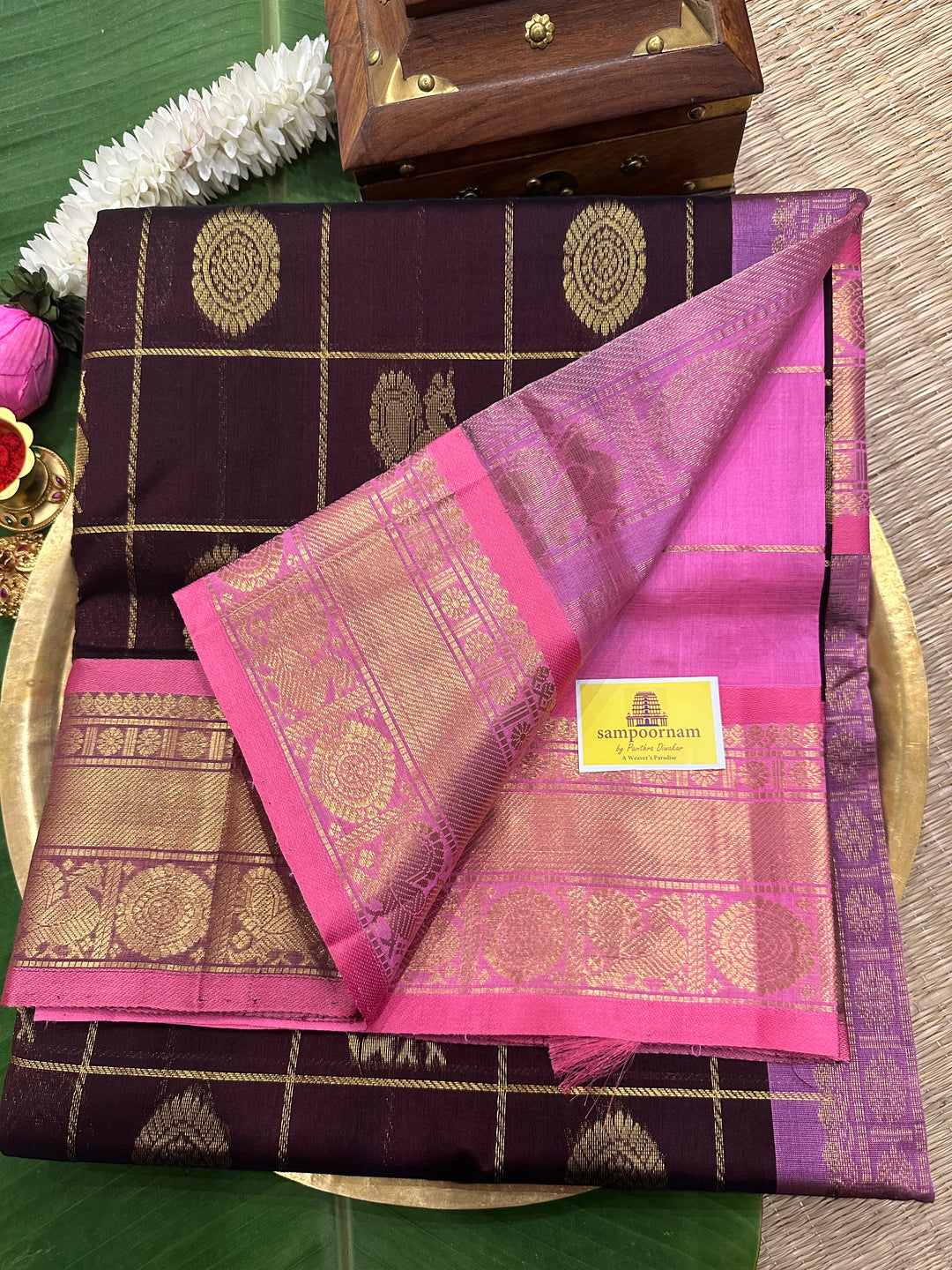 Brown with Baby Pink Mayil Chakram Silk Cotton Saree