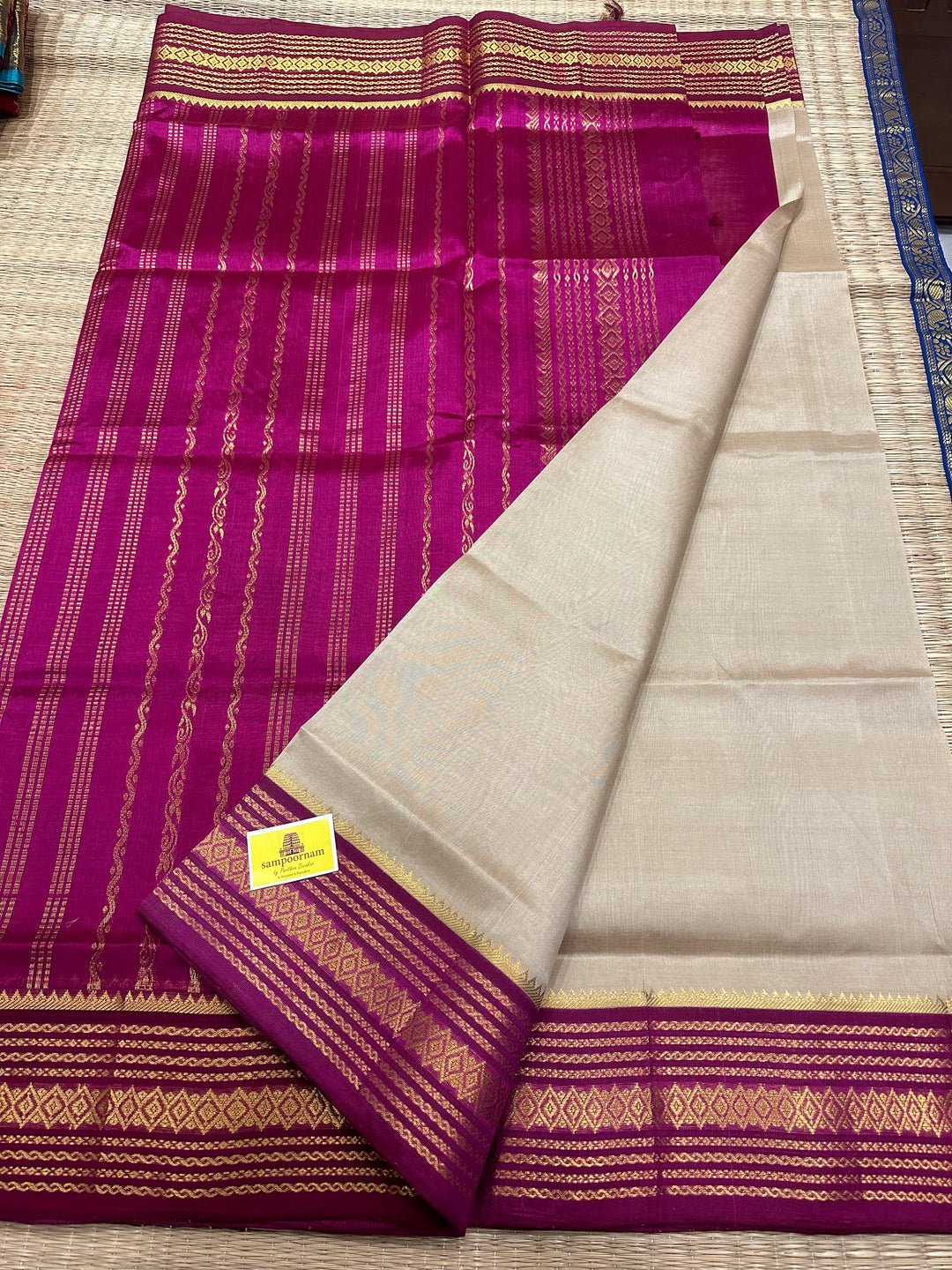 Cream with Dark Magenta Rich Pallu Korvai Silk Cotton Saree