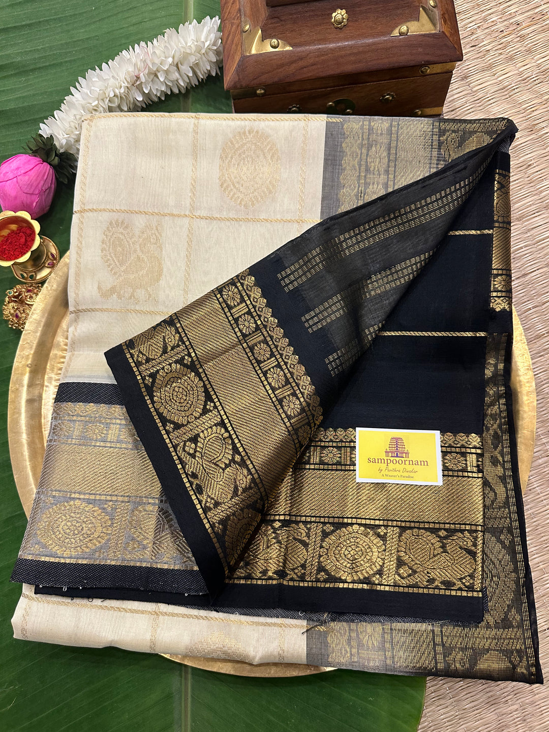 Offwhite with Black Mayil Chakram Silk Cotton Saree