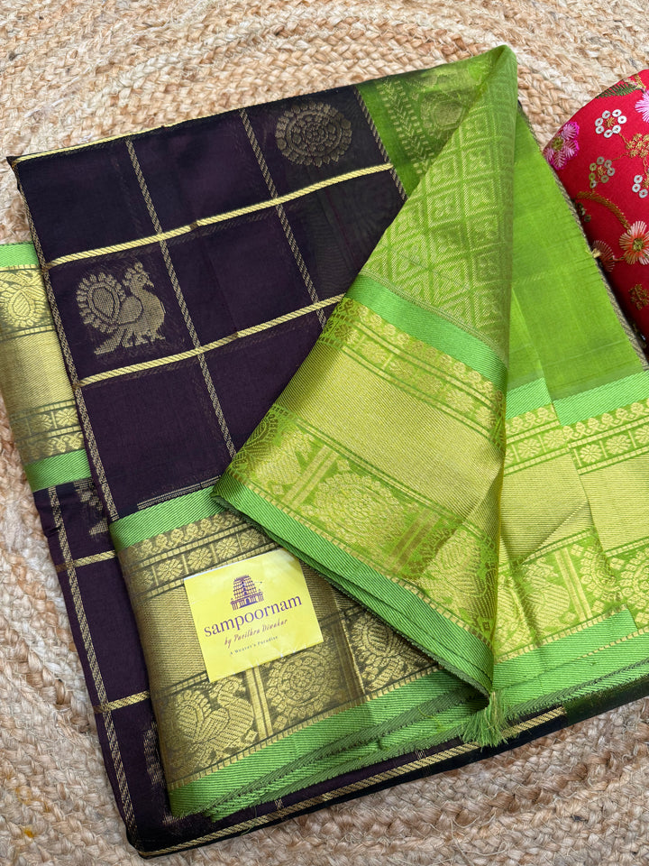 Dark Brown with Lemon Green ,  Mayil and Chakram Butta in the Body, Traditional Borders and Rich Pallu Mayil Chakram Silk Cotton Saree