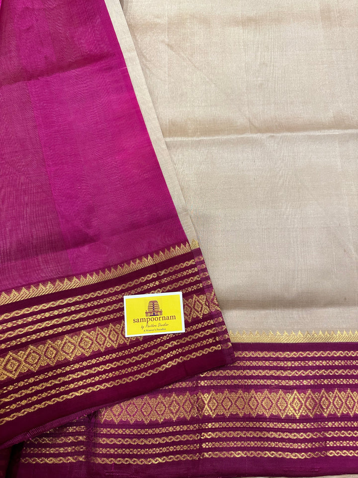 Cream with Dark Magenta Rich Pallu Korvai Silk Cotton Saree