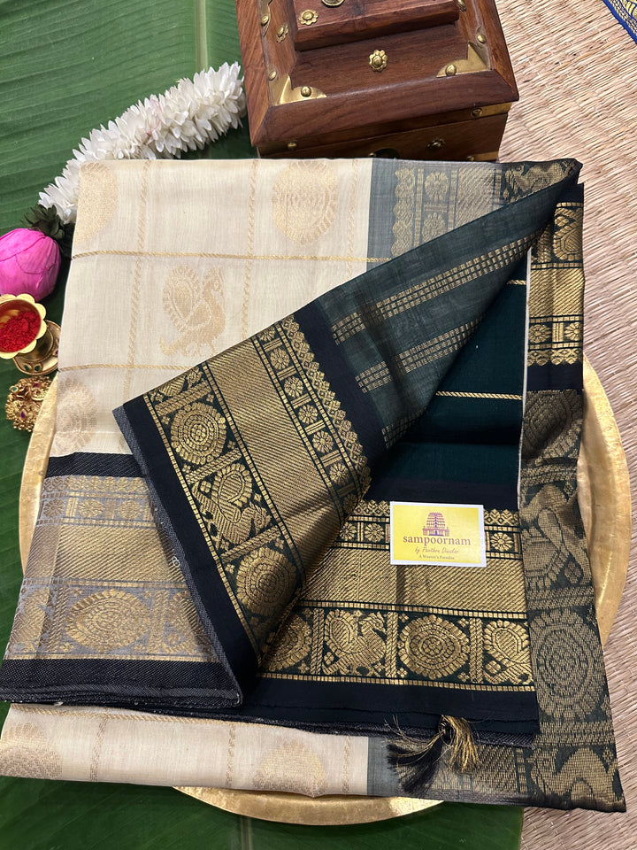 Offwhite with Green Mayil Chakram Silk Cotton Saree