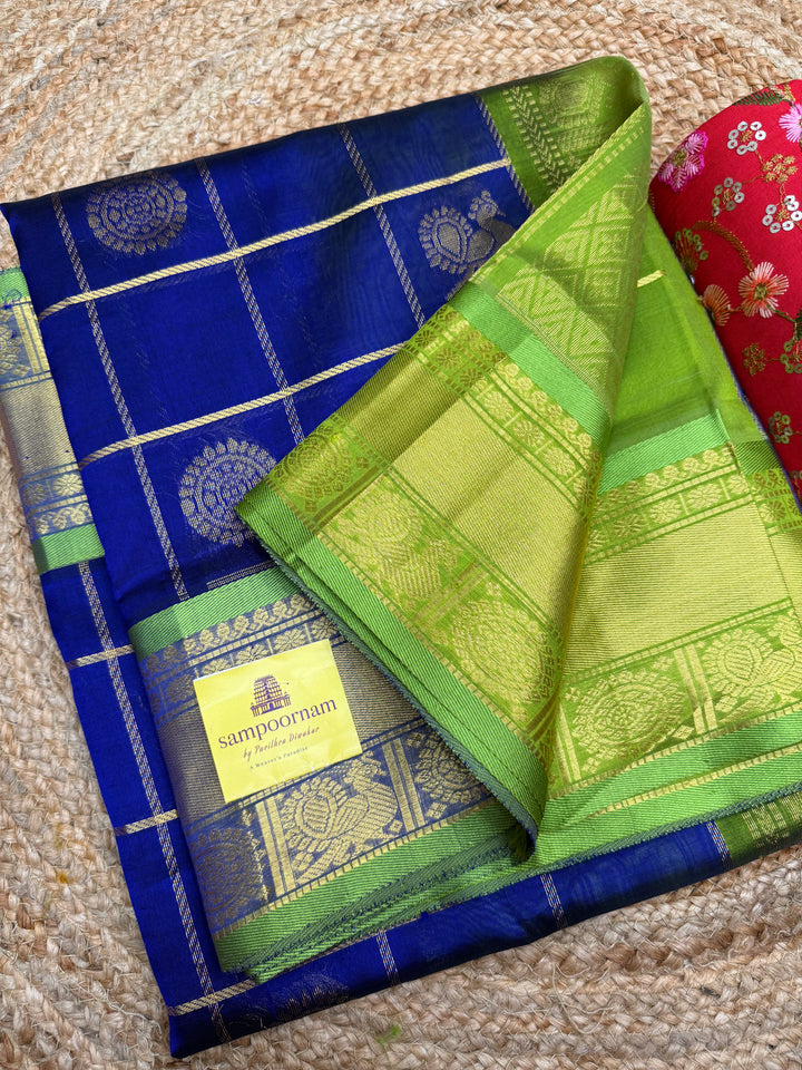 Indigo Blue with Lemon Green , Mayil and Chakram Butta in the Body, Traditional Borders and Rich Pallu Mayil Chakram Silk Cotton Saree