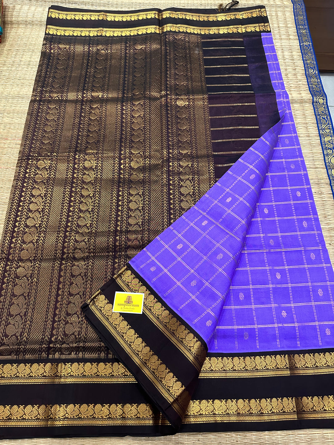 Lavender with Brown Zari Body Checks with Butta, Rich Pallu Korvai Silk Cotton Saree