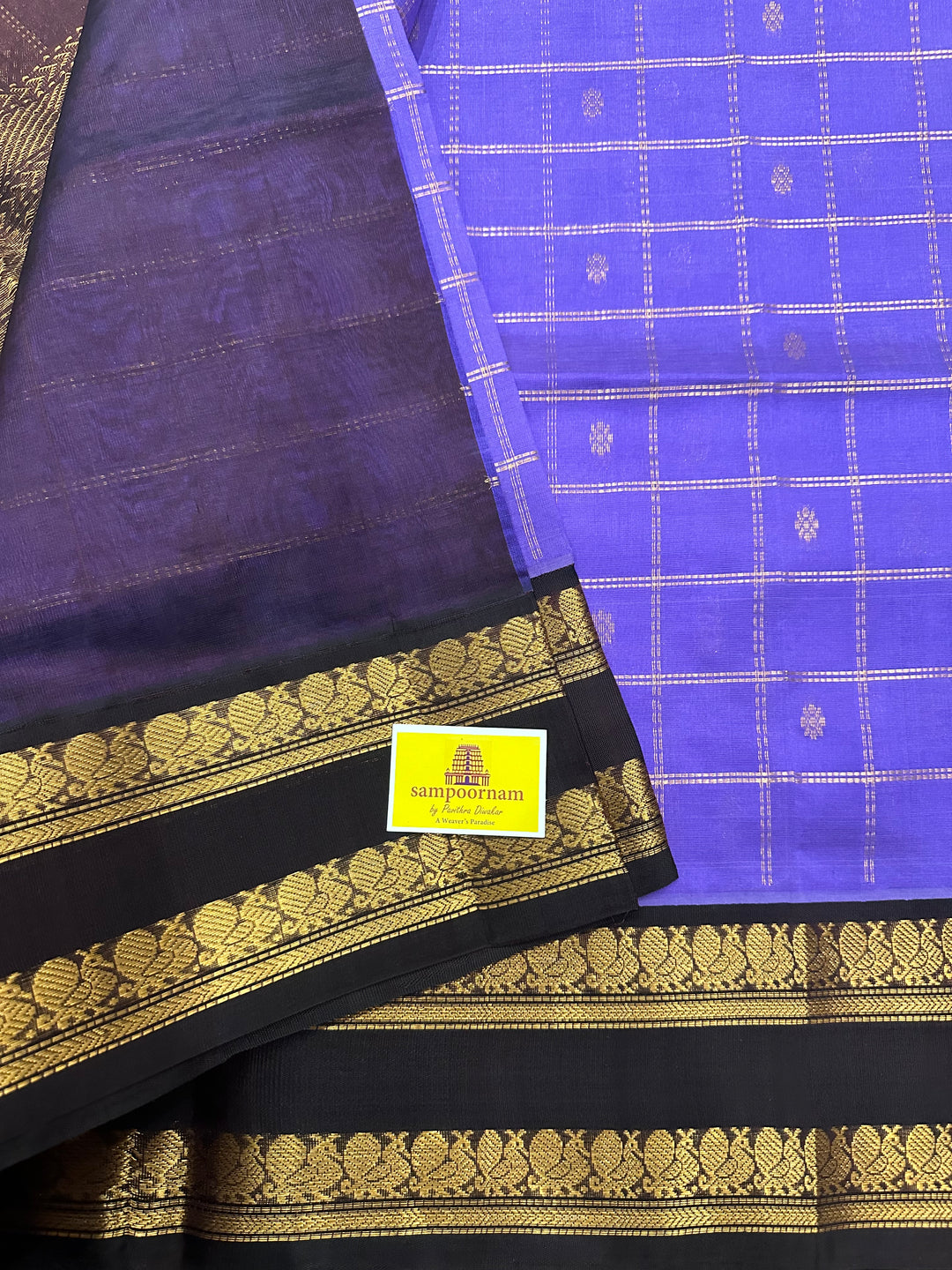 Lavender with Brown Zari Body Checks with Butta, Rich Pallu Korvai Silk Cotton Saree